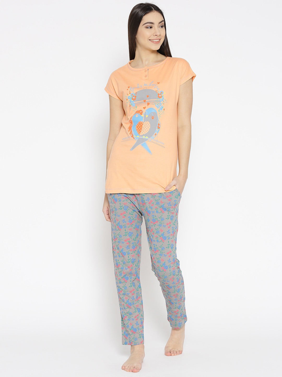 July Nightwear Women Peach-Coloured & Grey Printed Night Suit JDA122