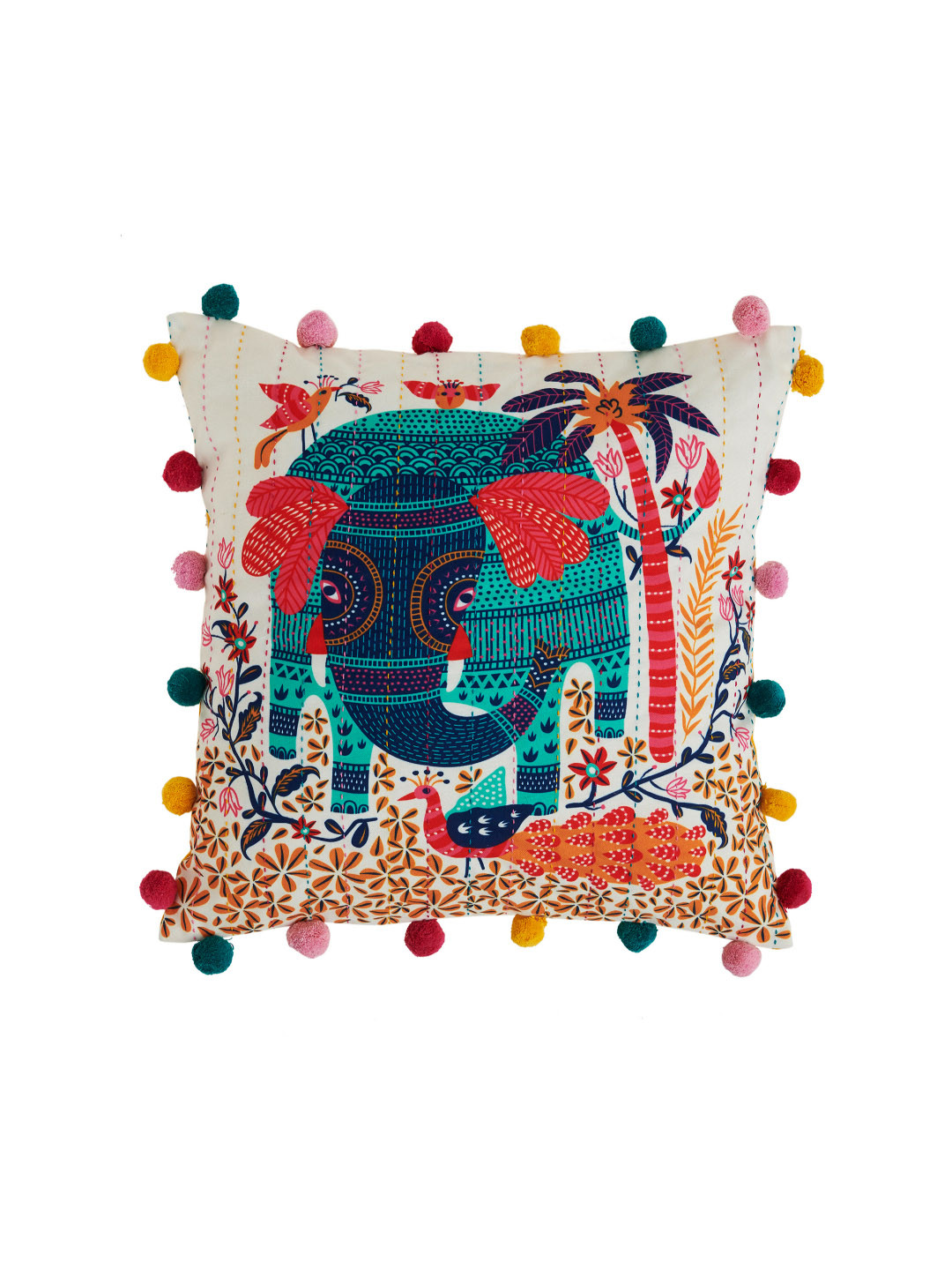 Chumbak Multicoloured Jungle Party Pom Pom Quirky Square Cushion Cover
