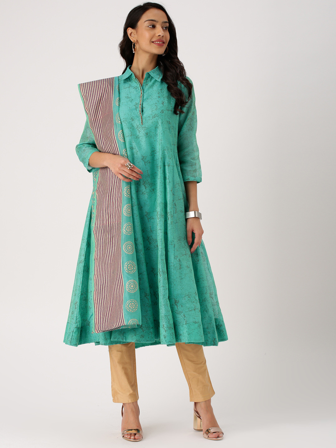 IMARA Women Teal & Beige Printed Kurta with Trousers & Dupatta