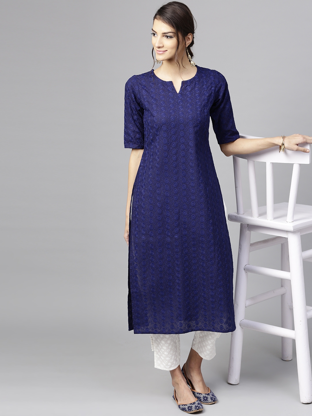 Buy Libas Women Navy Blue & White Embroidered Kurta With Trousers ...