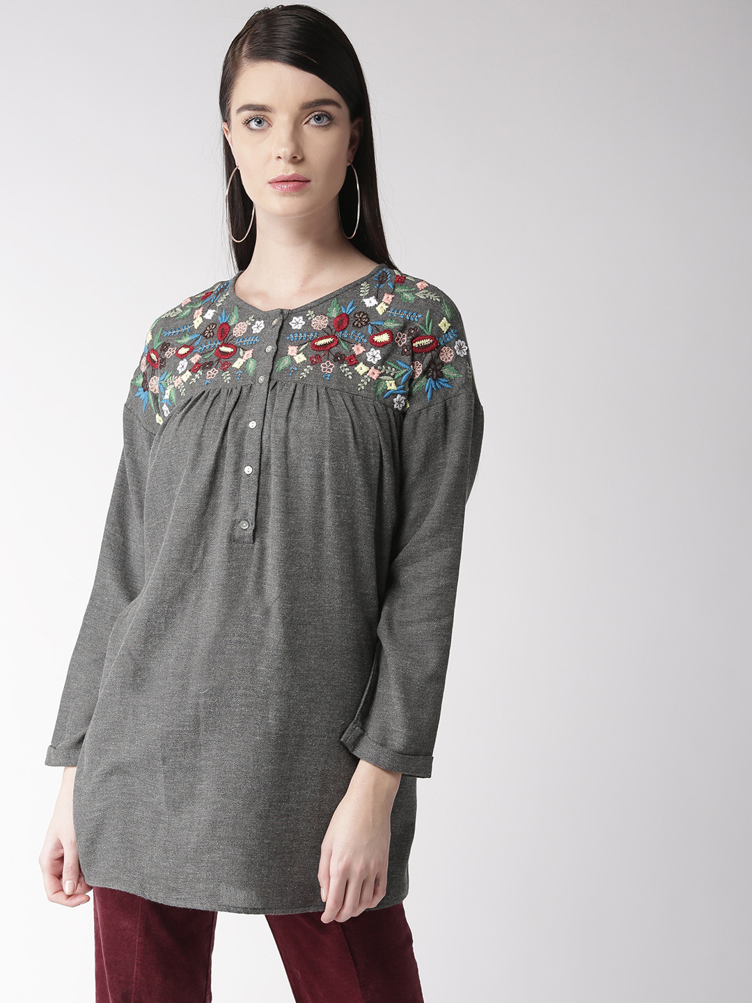 Antheaa Women Charcoal Grey Solid Tunic
