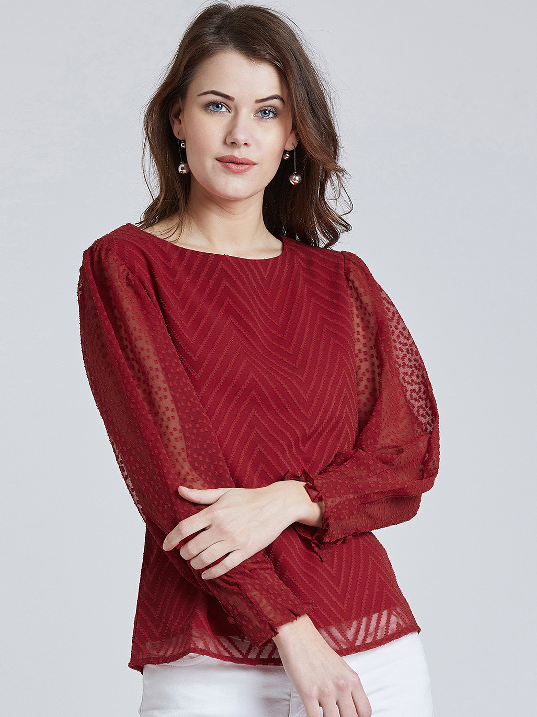 Marie Claire Red Self Design Regular Top with Boat Neck