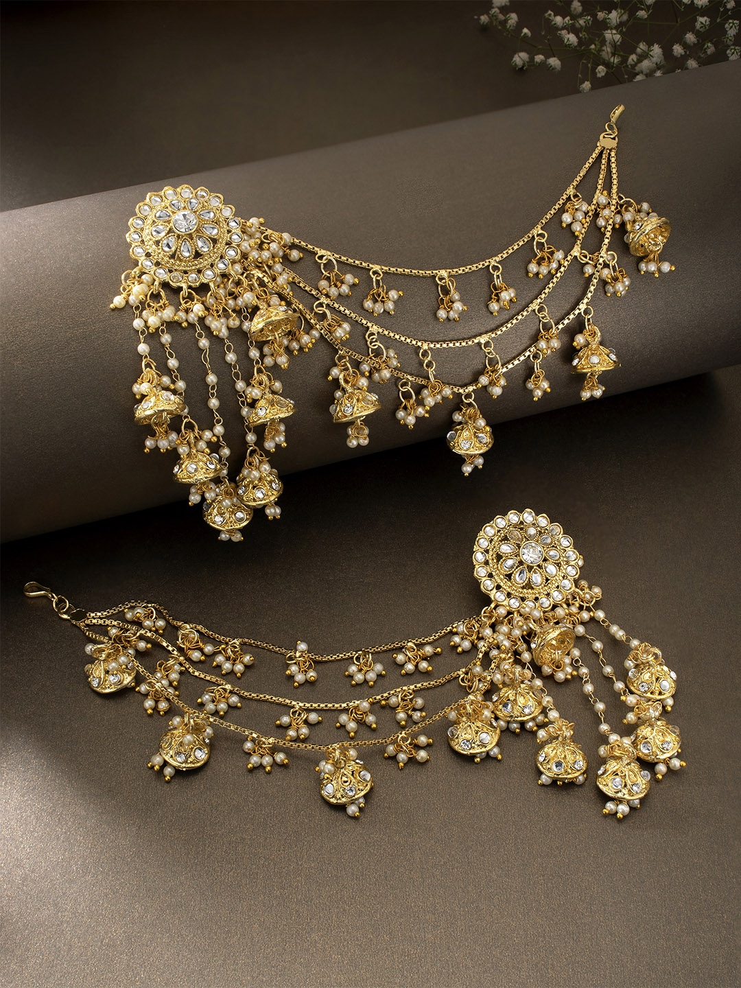 Peora Gold Plated Kundan Contemporary Jhumkas with Hair Chain