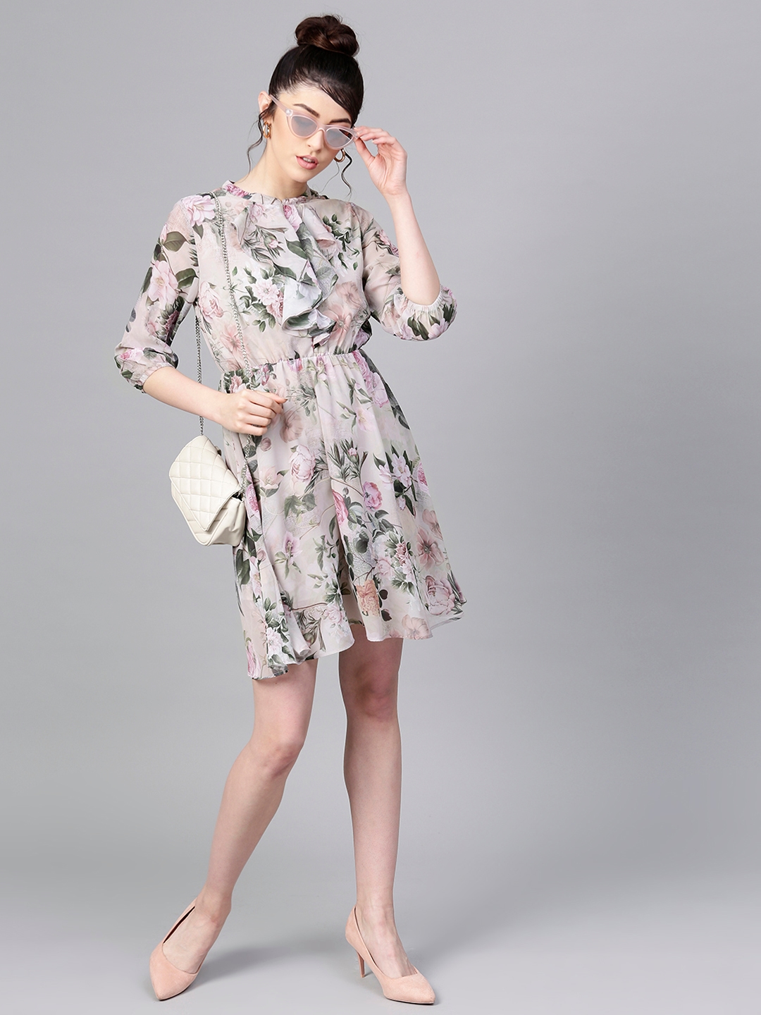 Green Floral Print Fit And Flare Dress ...