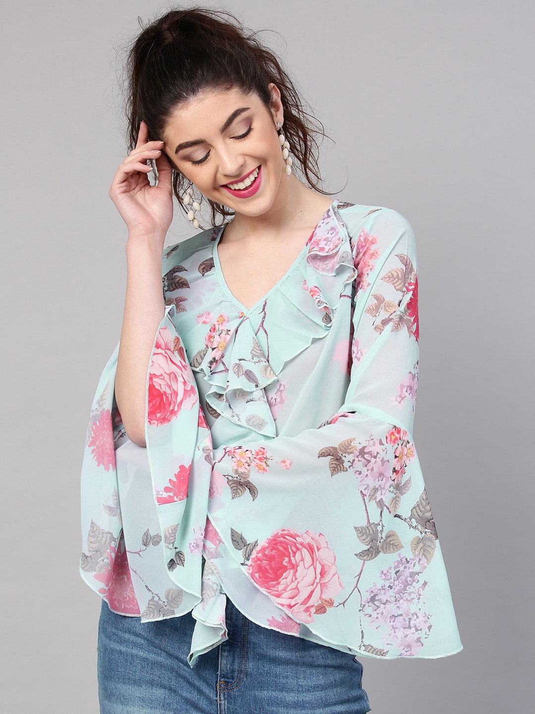 Buy SASSAFRAS Blue Floral V Neck Top With Bell Sleeves - Tops for