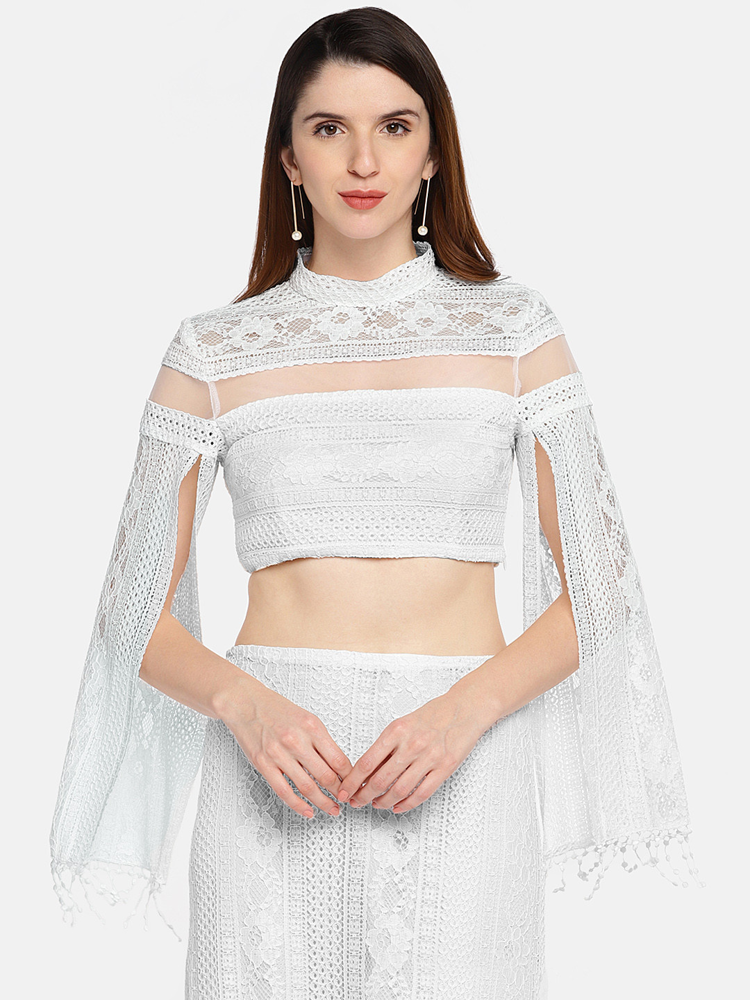 White Sheer Slit Sleeve Crop Top 