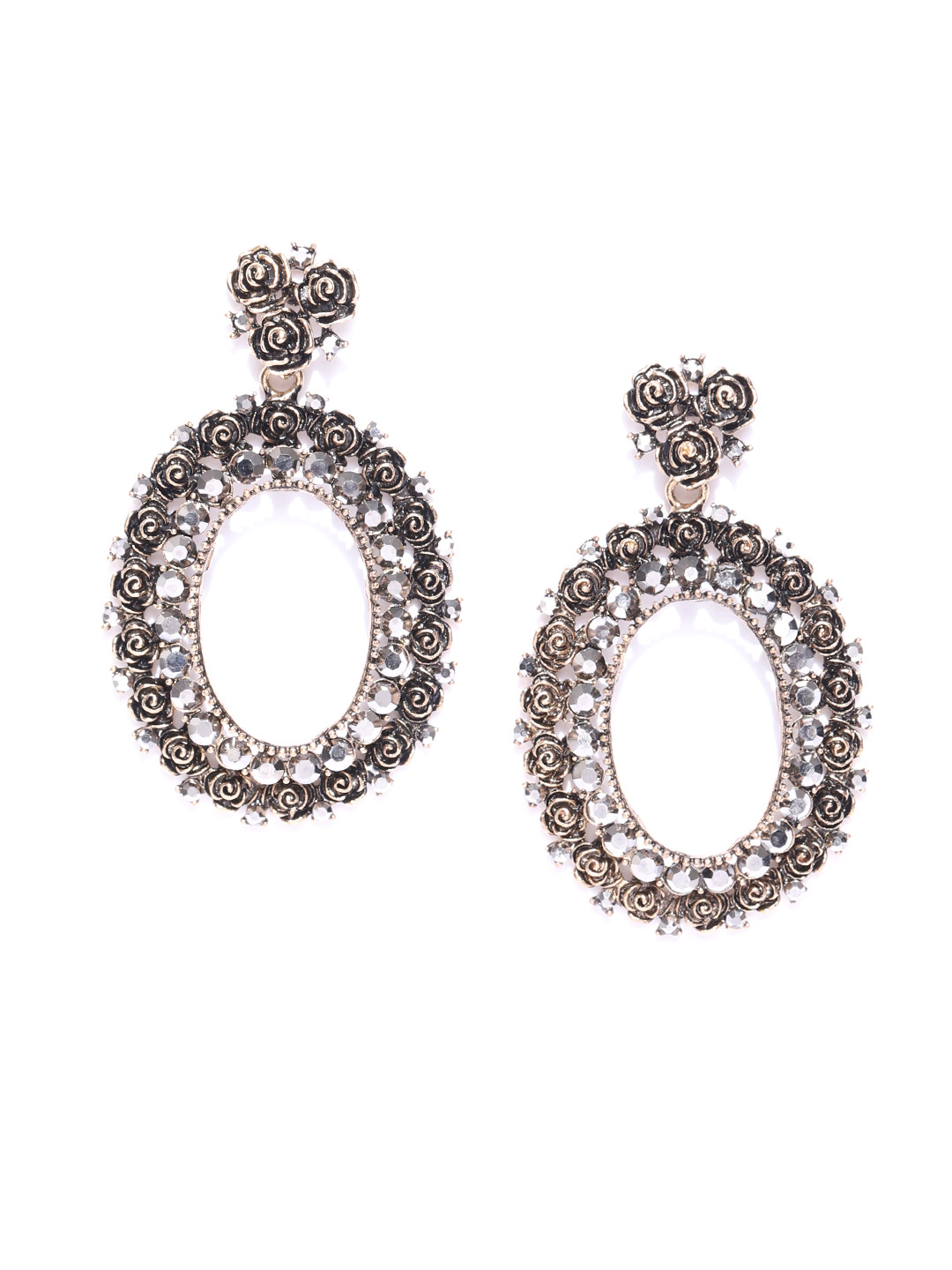 Jewels Galaxy Gunmetal-Toned Copper-Plated Handcrafted Oval Drop Earrings