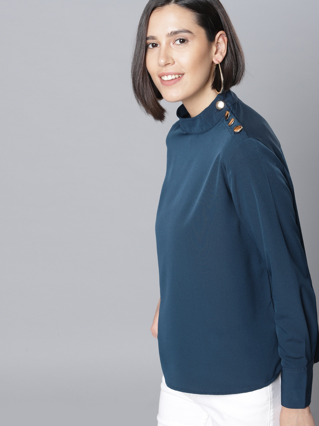 CHIC BY TOKYO TALKIES Teal Blue Top With Cuffed Sleeves