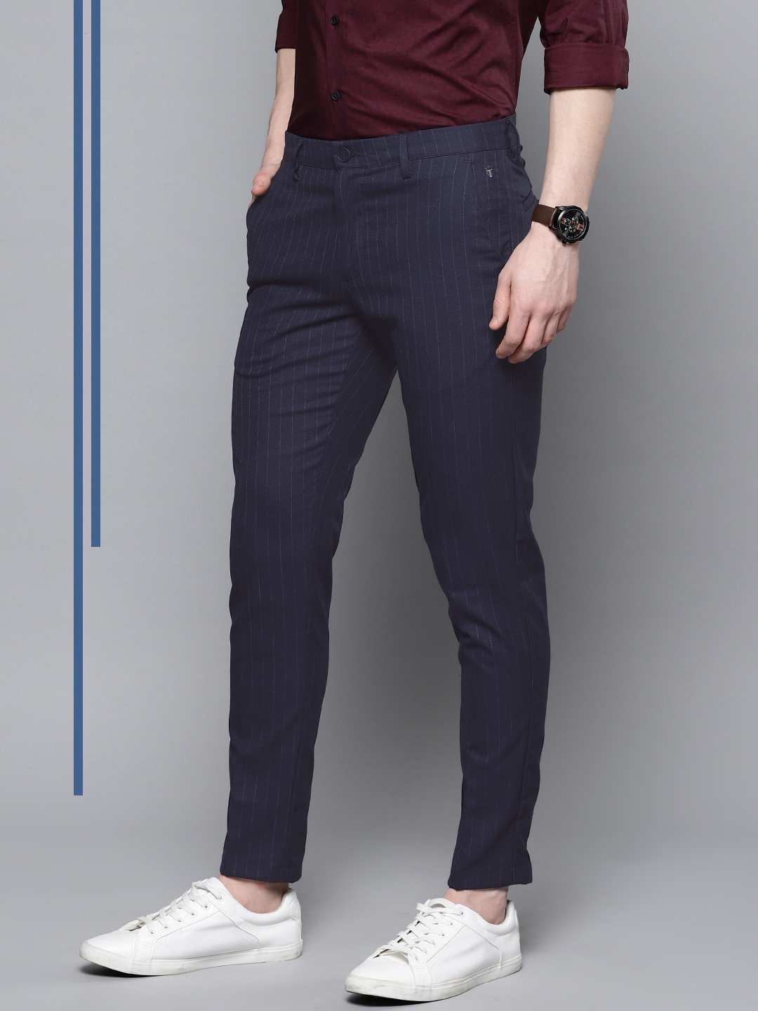 Blue Print Stretch Tapered Trousers  Ambrose Wilson