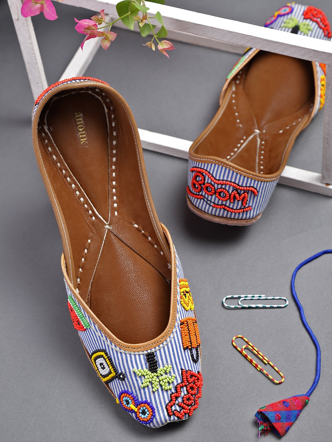 Buy Anouk Women Blue White Striped Mojaris Flats for Women