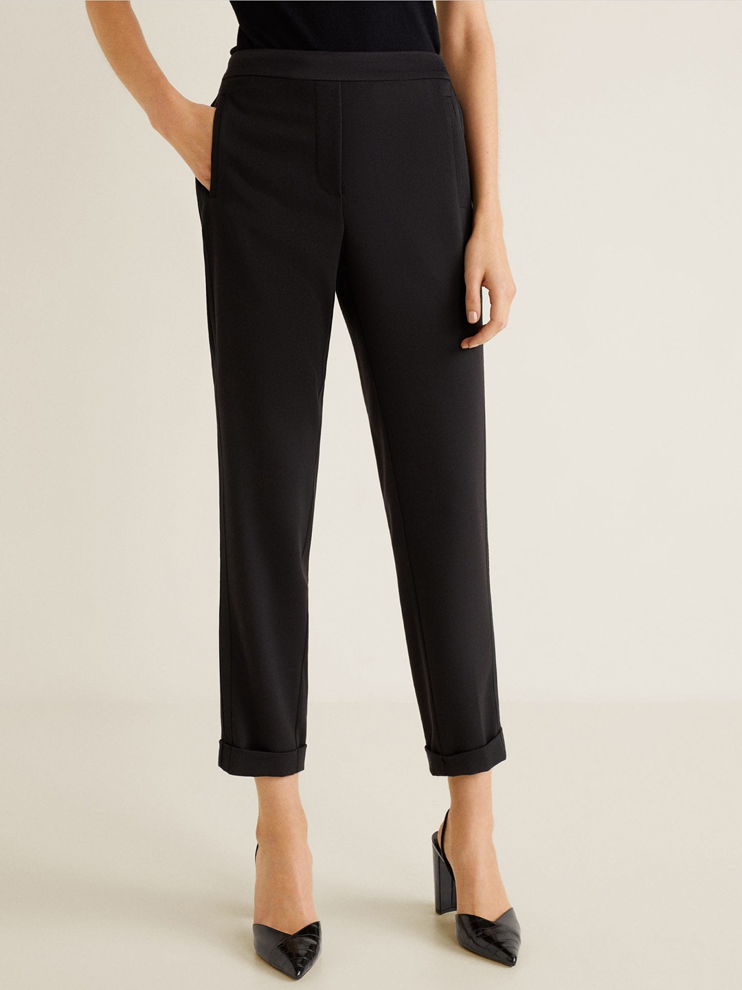 MANGO Women Navy Blue Regular Fit Solid Cropped Trousers