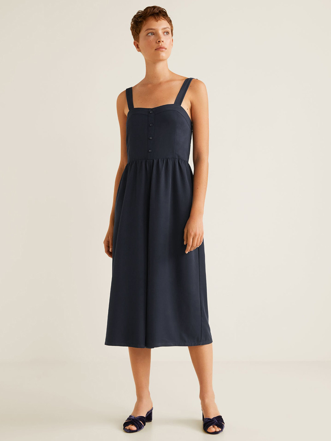 MANGO Women Navy Blue Solid Culotte Jumpsuit