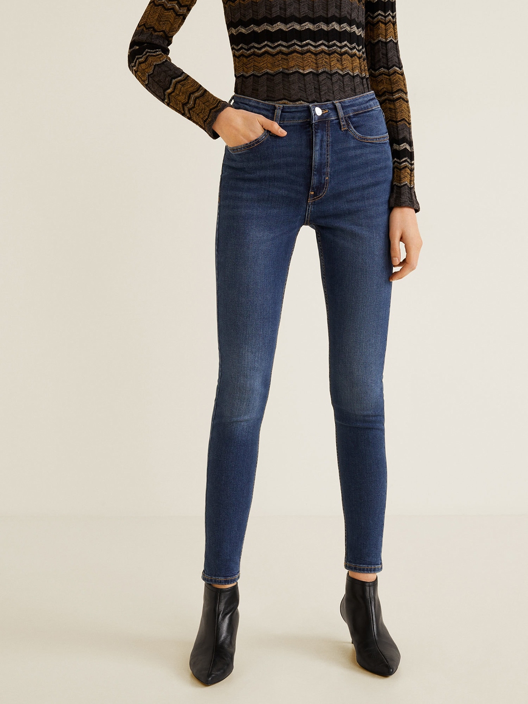 MANGO Women Navy Blue Jane Skinny Fit Mid-Rise Clean Look Stretchable ...