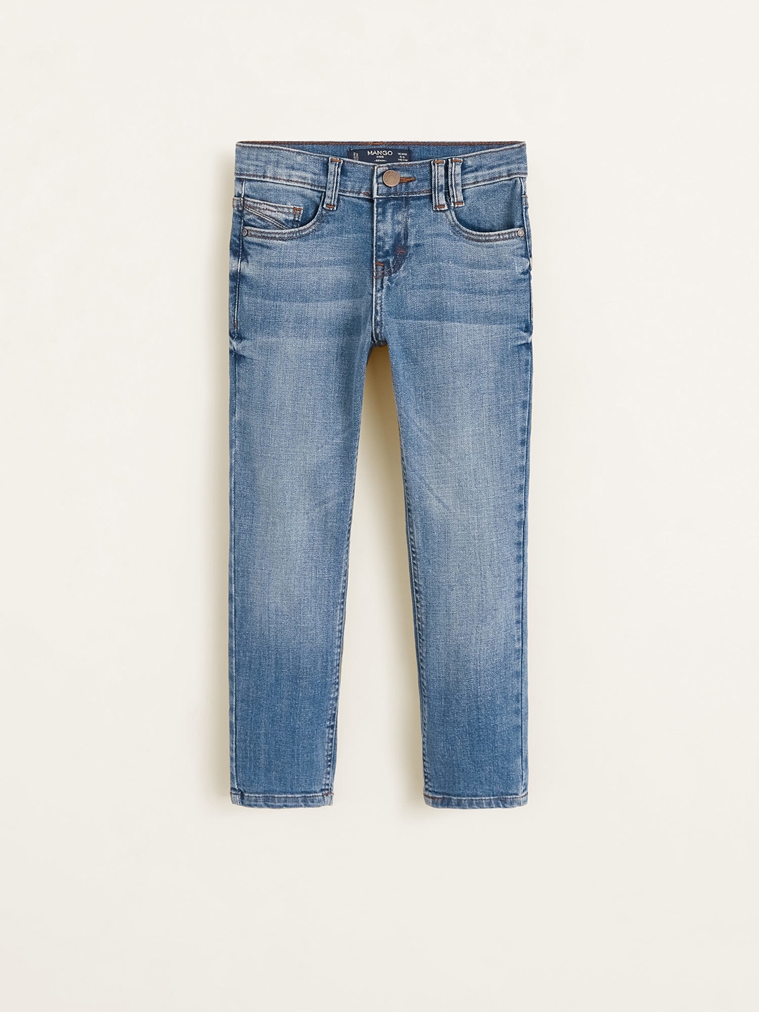 <b>Mango</b> Kids Boys Blue Regular Fit Mid-Rise Clean Look Stretchable <b>Jeans</b>.