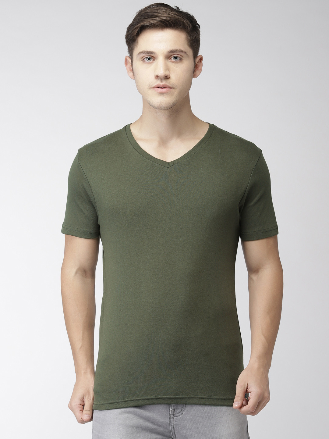 Bossini Men Olive Green Solid V-Neck Pure Cotton T-shirt