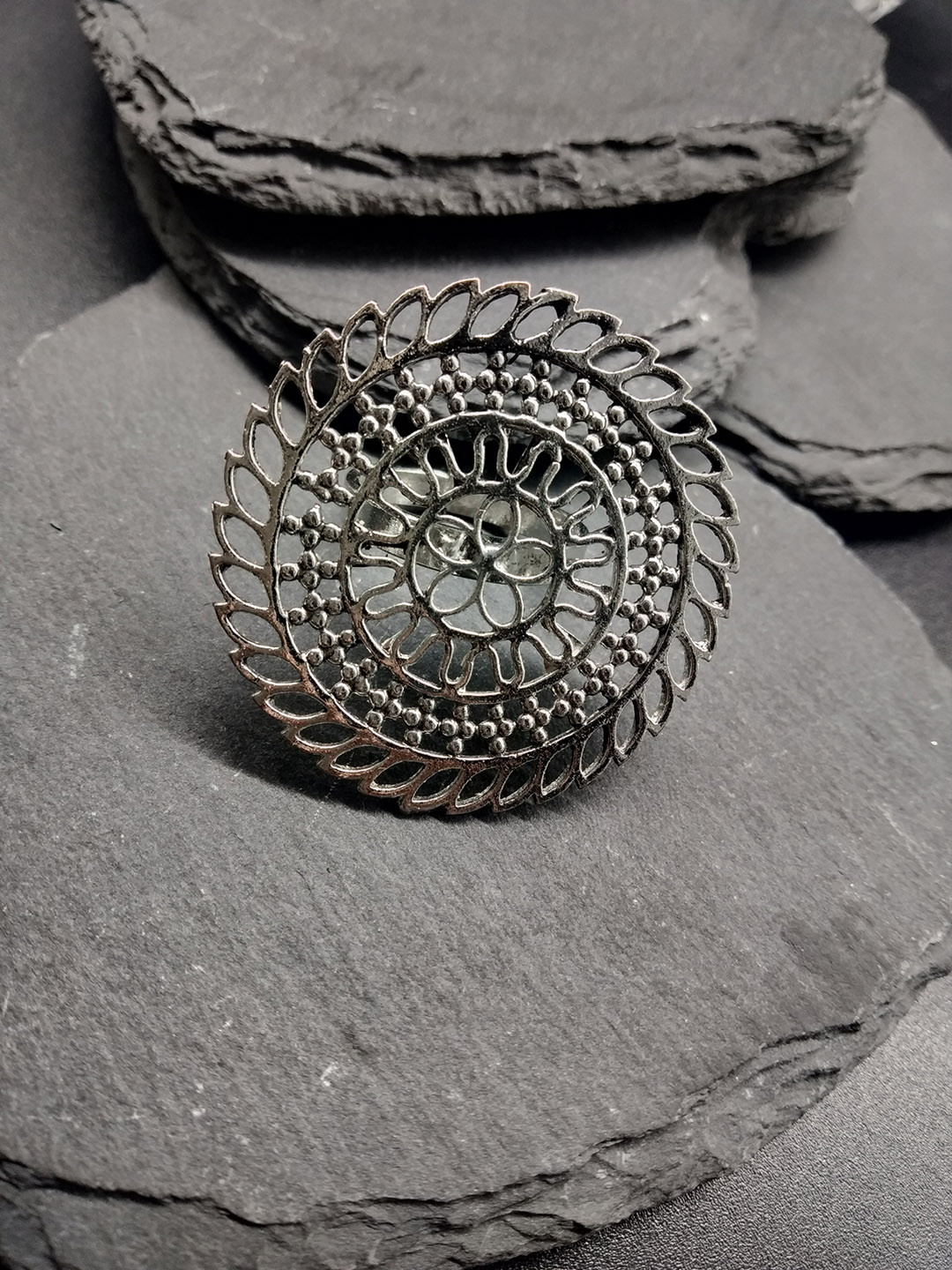 Fida Women Oxidised Silver-Plated Surya Handcratfted Adjustable Finger Ring