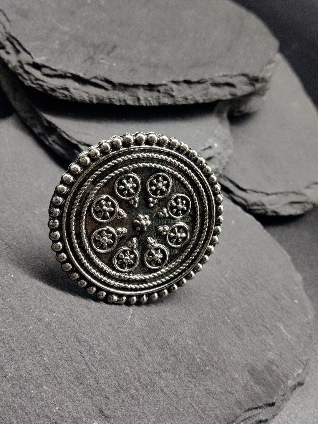 Fida Women Oxidised Silver-Plated Ashta Handcratfted Adjustable Finger Ring