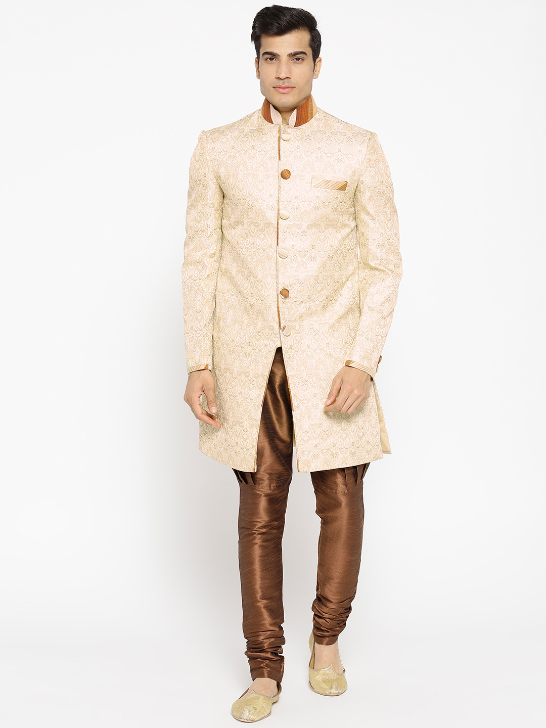 Manish Creations Men Beige & Brown Woven Design Handcraft Sherwani