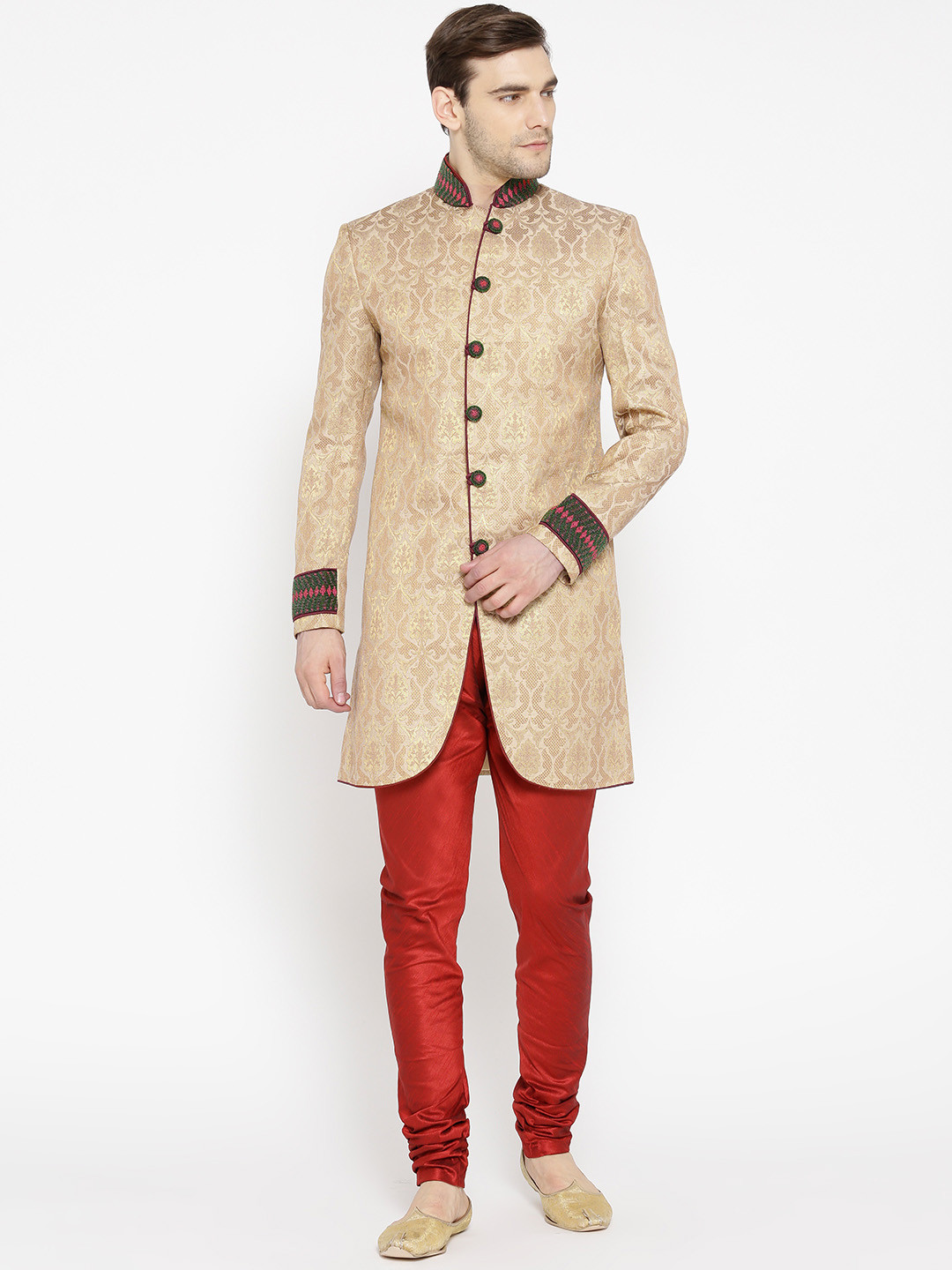 Manish Creations Beige & Red Woven Design Handicraft Sherwani