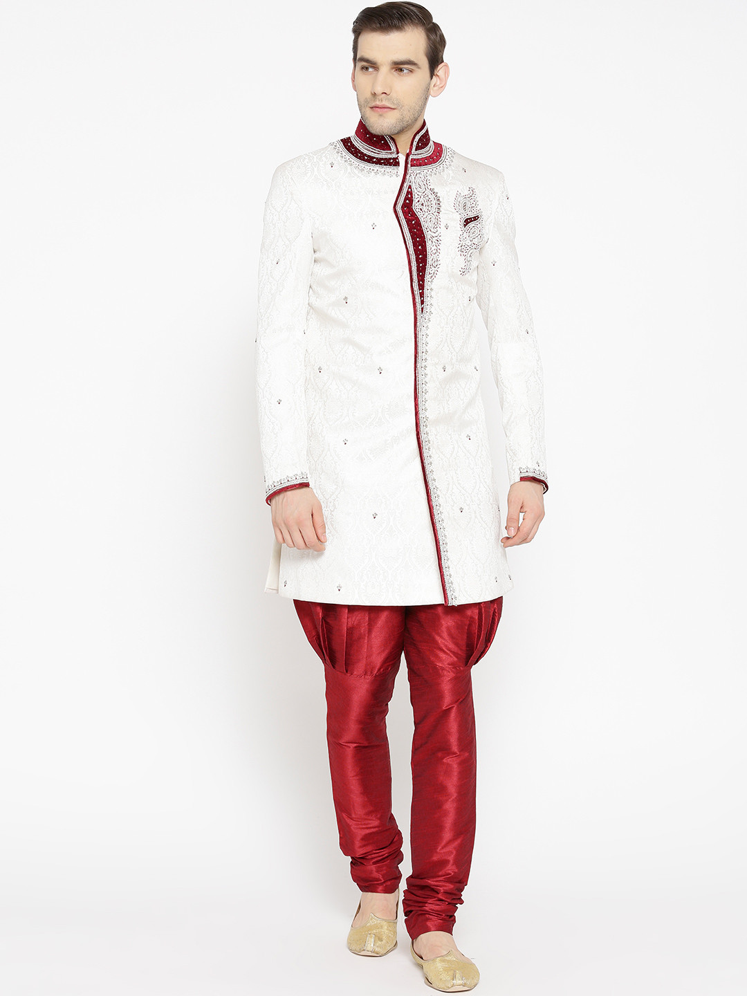Manish Creations Men White & Maroon Paisley Pattern Beaded & Embellished Sherwani