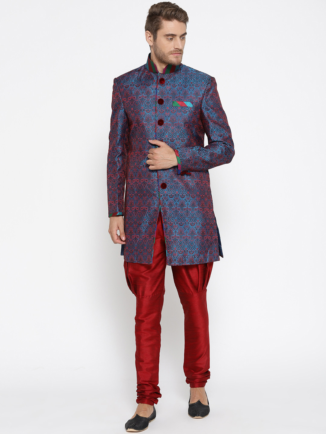Manish Creations Men Blue & Red Handcrafted Woven Design Sherwani