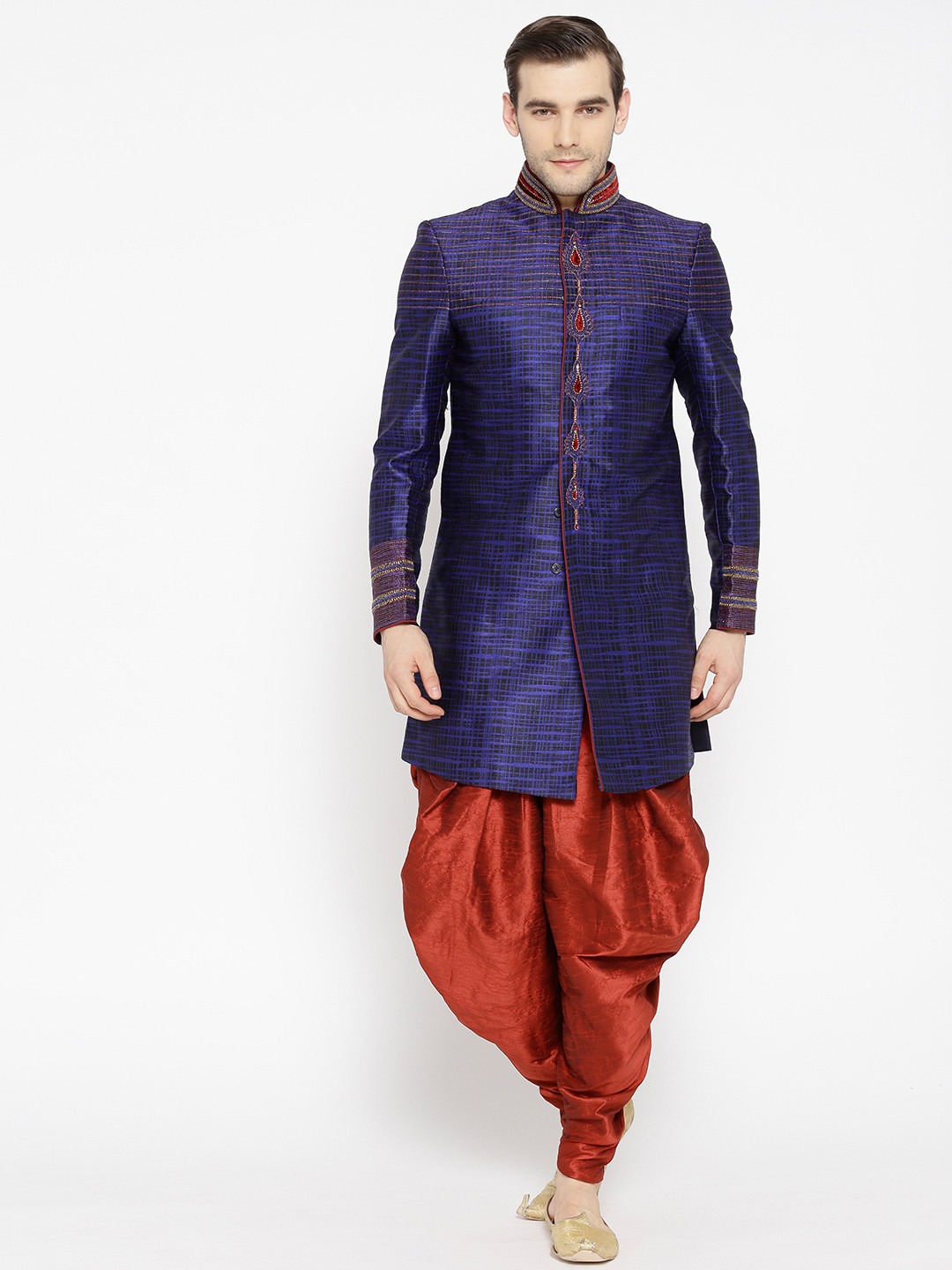 Manish Creations Men Navy Blue & Maroon Checked Sherwani