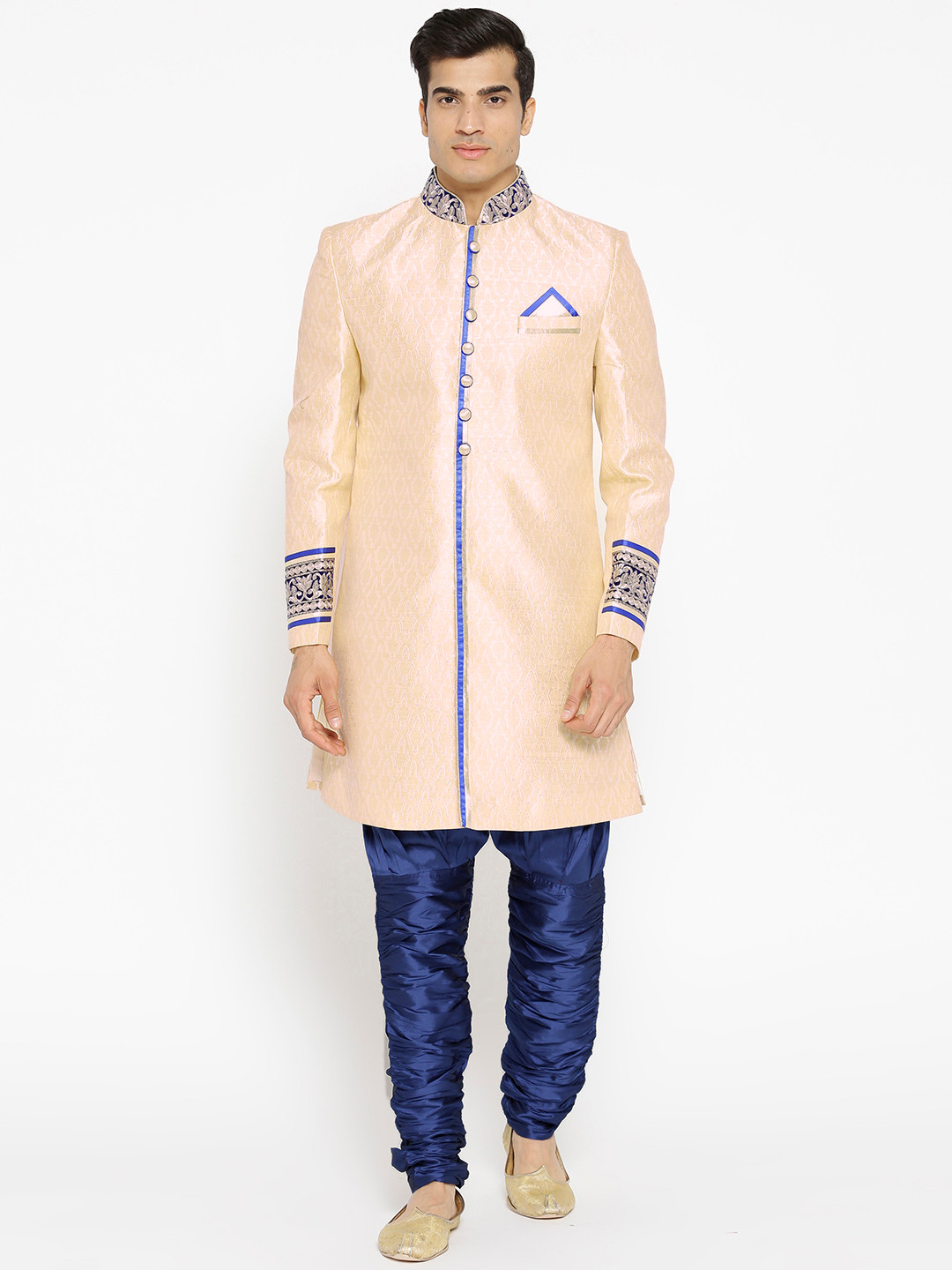 Manish Creations Men Beige & Navy Blue Woven Design Handicraft Sherwani