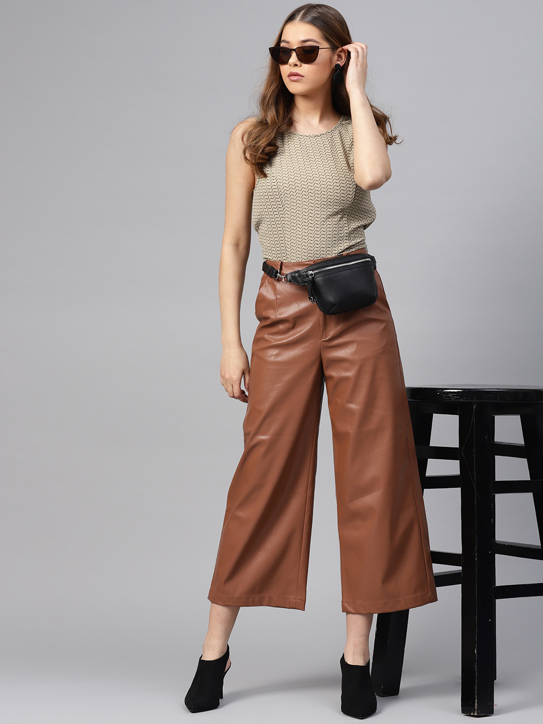 STREET 9 Women Beige & Black Printed Styled Back Top