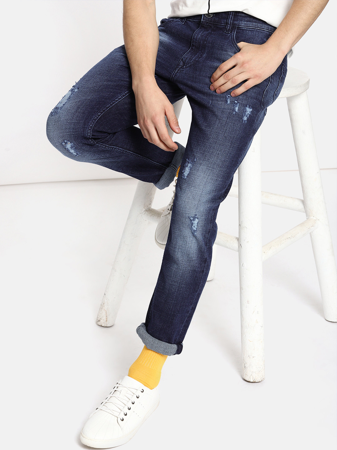 SINGLE Men Blue Slim Fit Mid-Rise Mildly Distressed Stretchable Jeans