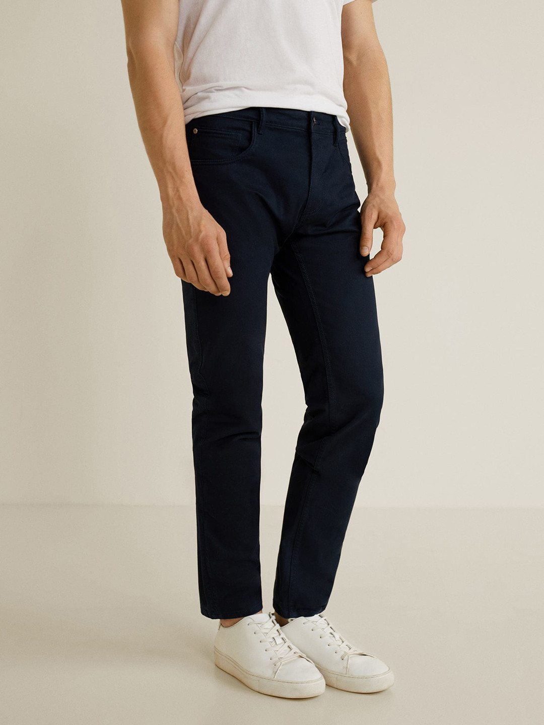 MANGO MAN Men Navy Blue Slim Fit Solid Regular Trousers