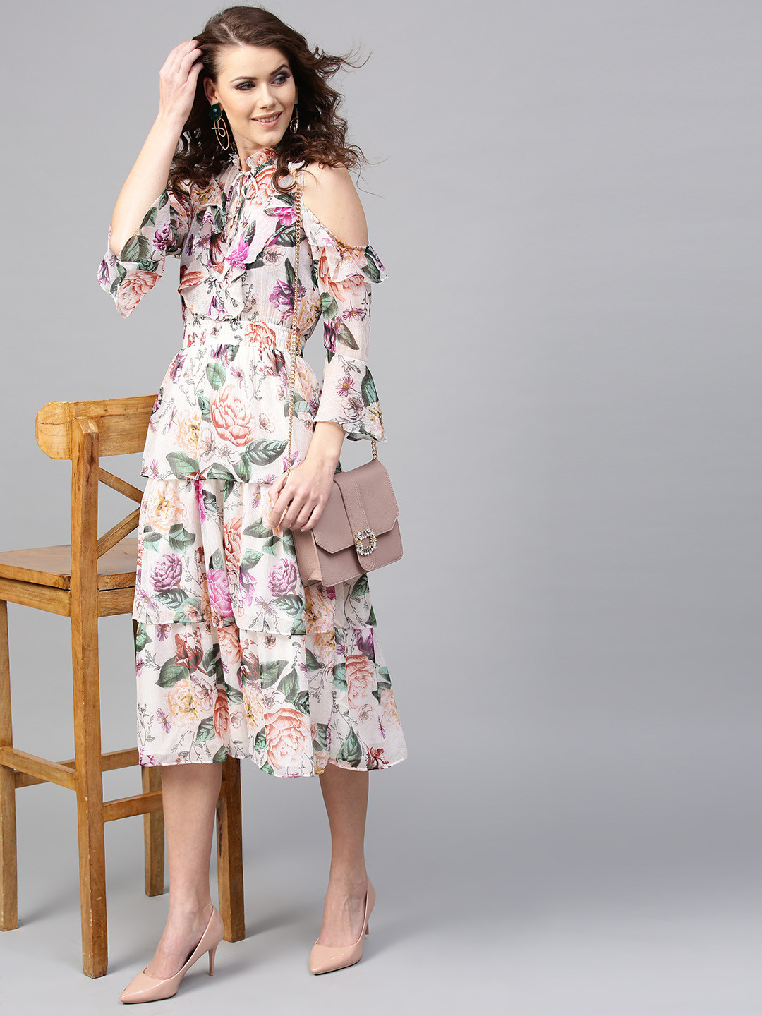 Zima Leto Women Off-White & Green Printed Layered Fit & Flare Dress