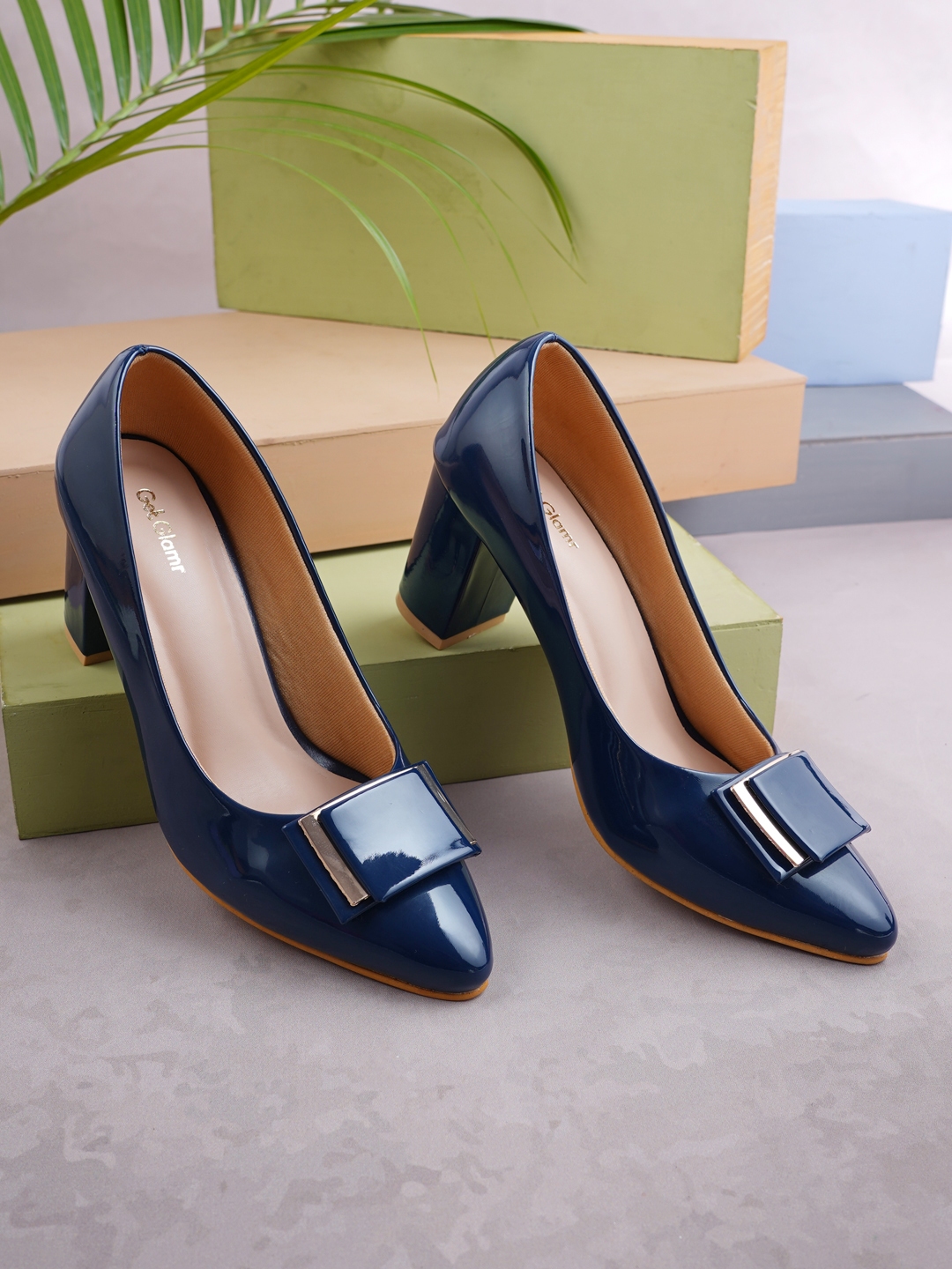 Blue block heel outlet pumps