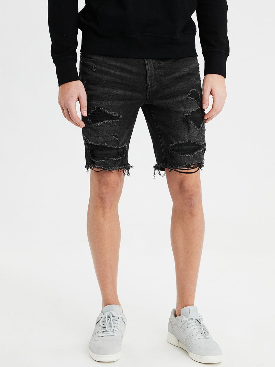 AMERICAN EAGLE OUTFITTERS Men Black Washed Regular Fit Denim Distressed  Shorts