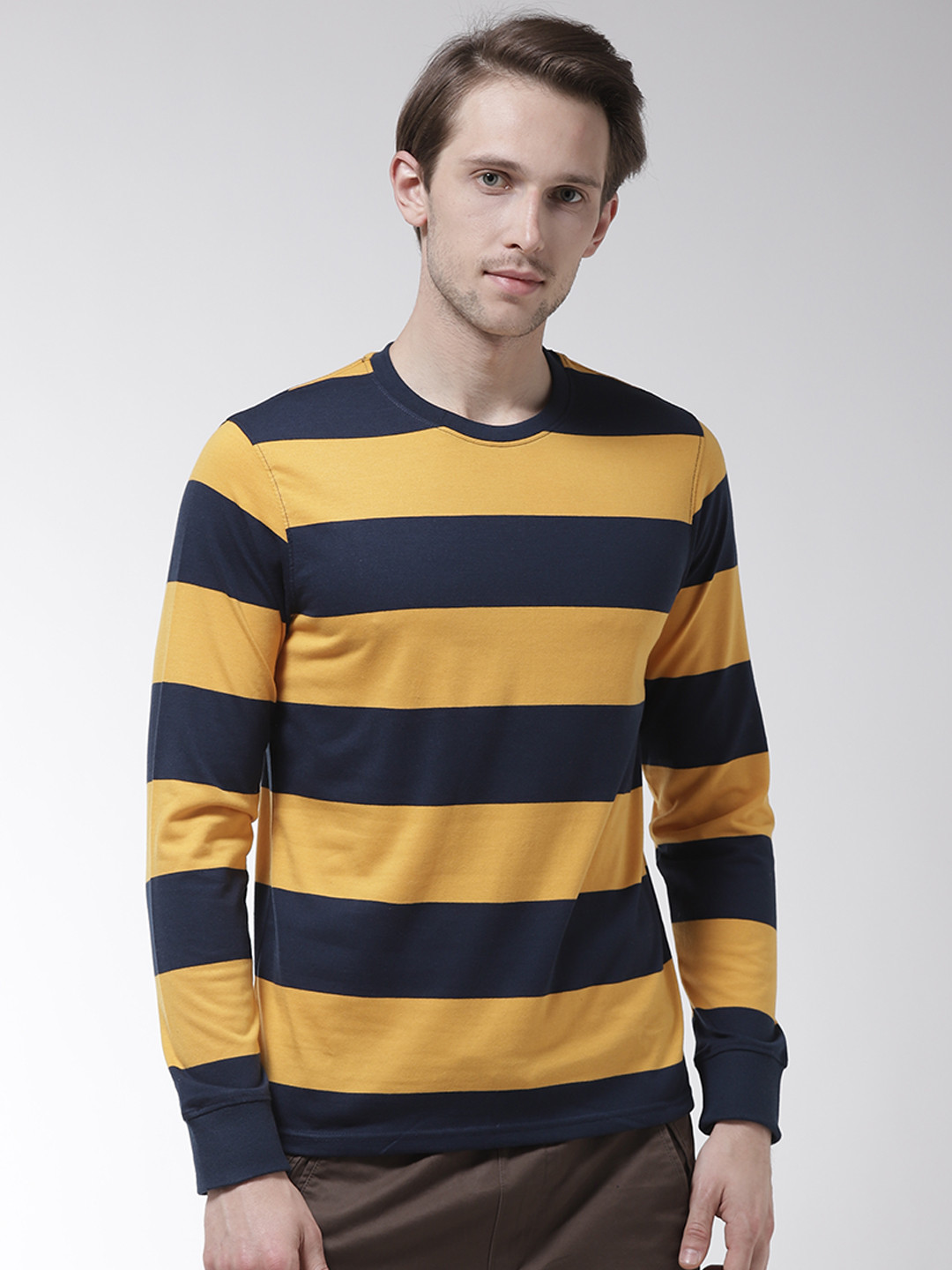 Mustard Yellow Striped Round Neck 