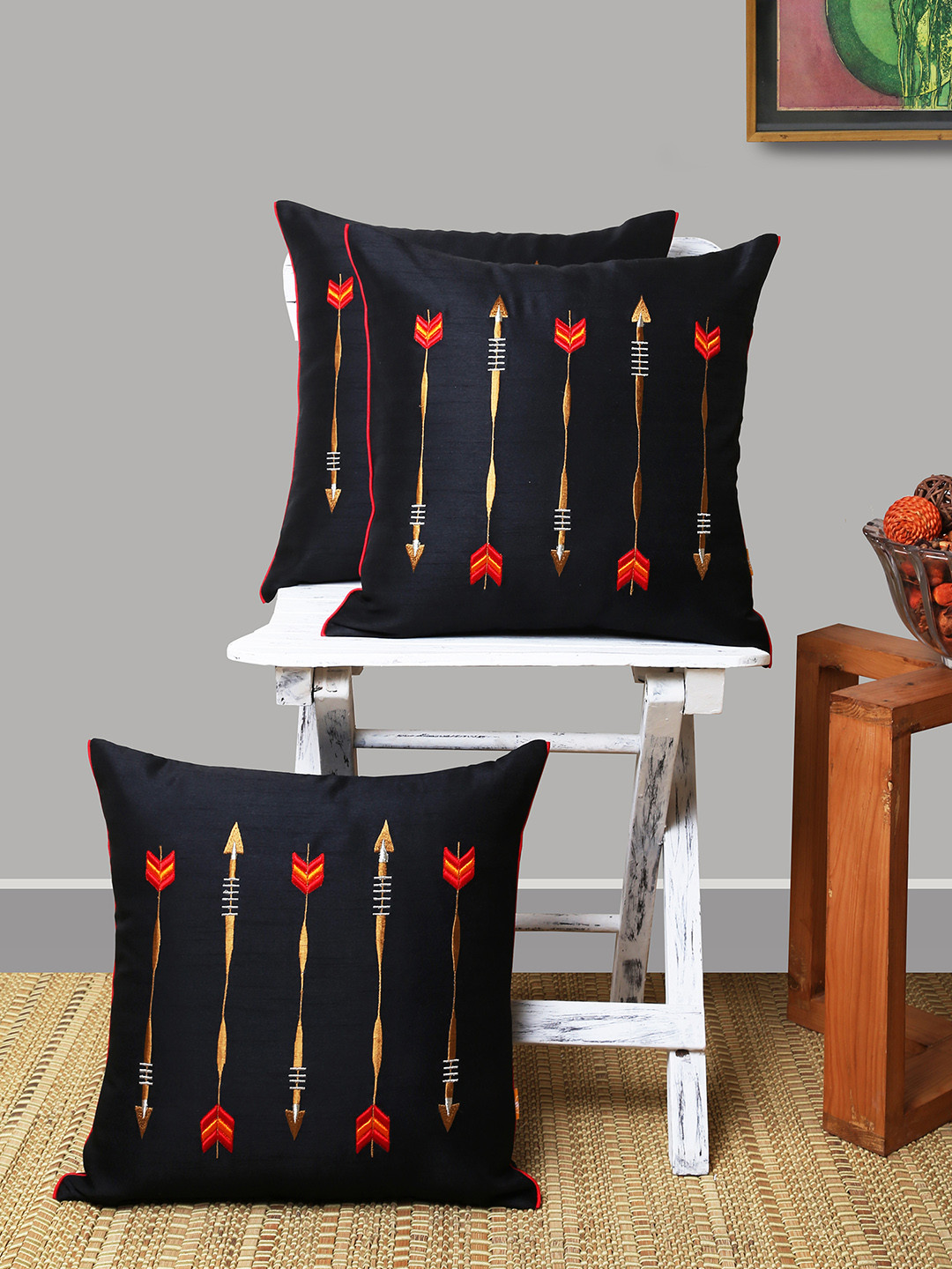 ANS African Spears Light Embroidered Polyester 3 Pcs Cushion Covers - 16 x 16 In