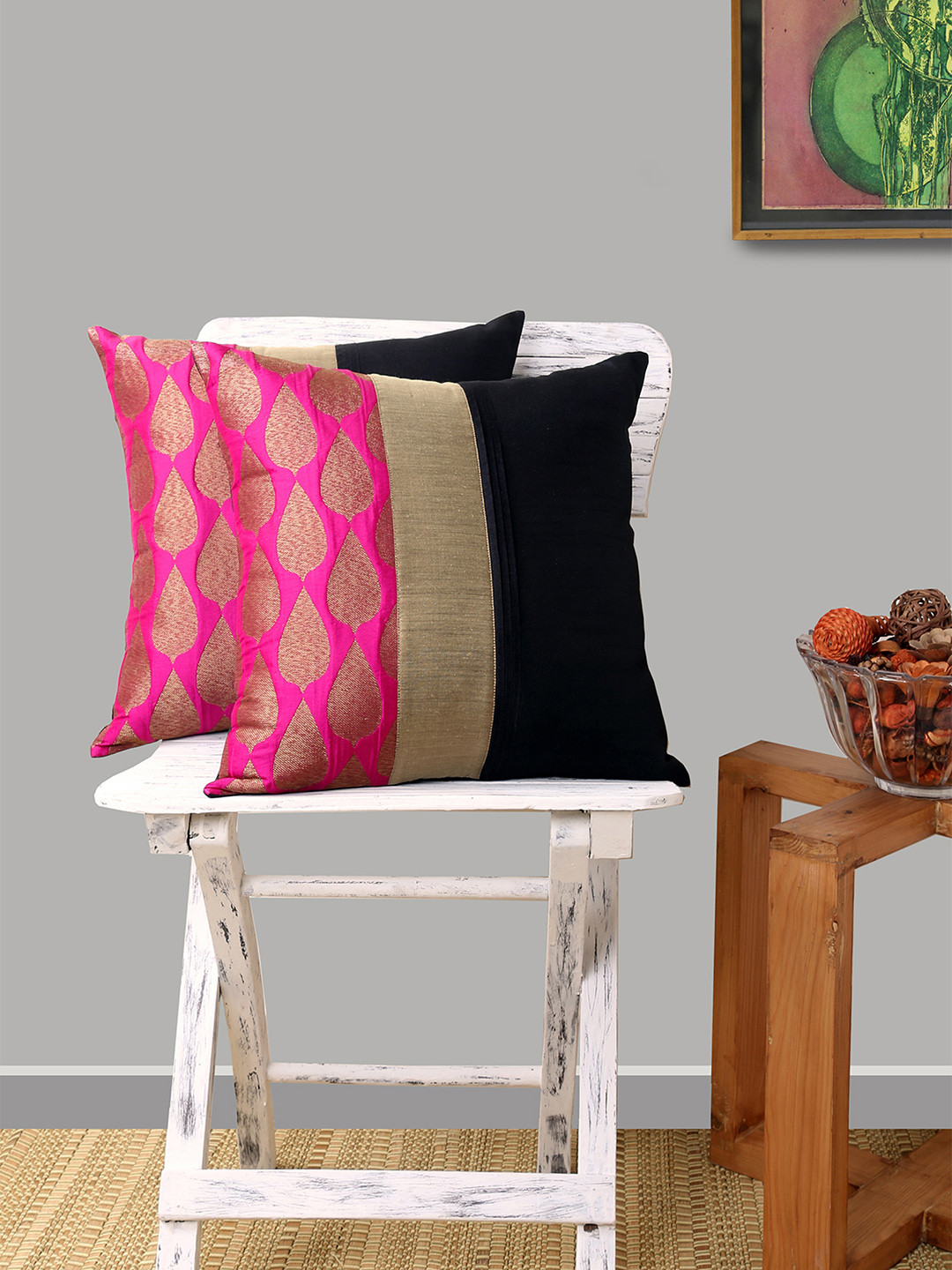 ANS Fuchsia and Gold Leaf Motif Brocade Polyester Durable 2 Pcs Cushion Covers-16x16In