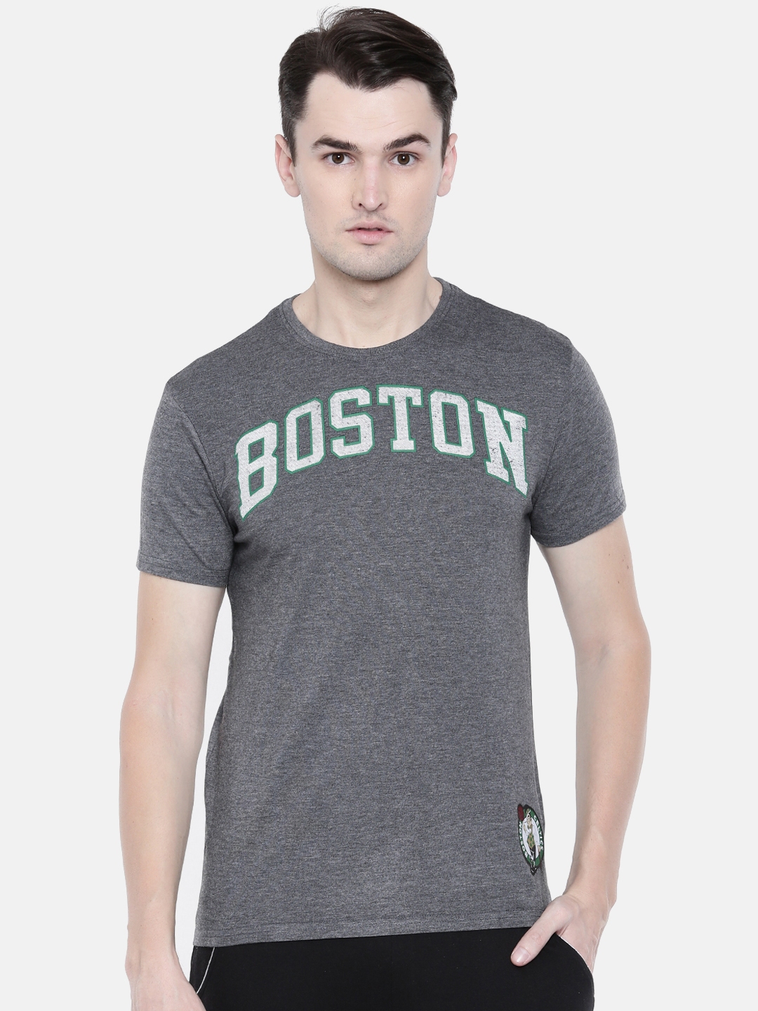 NBA Men Charcoal Grey Printed Round Neck Boston Celtics T-shirt