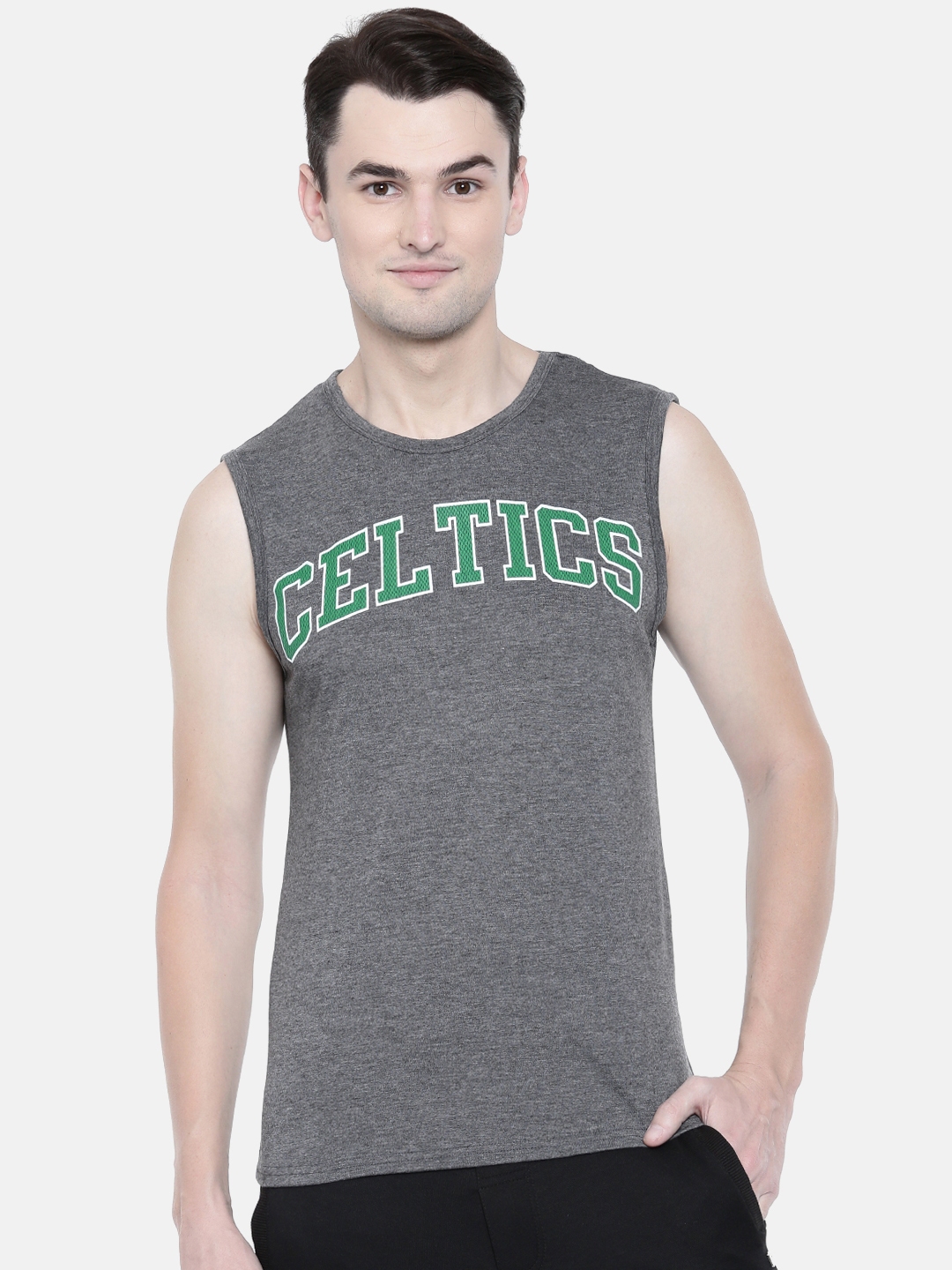 NBA Men Charcoal Grey Printed Round Neck Boston Celtics T-shirt