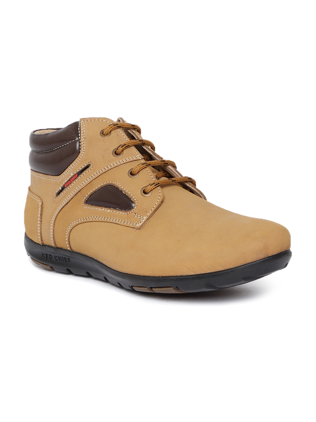 Red Chief Men Beige Solid Leather Mid Top Flat Boots