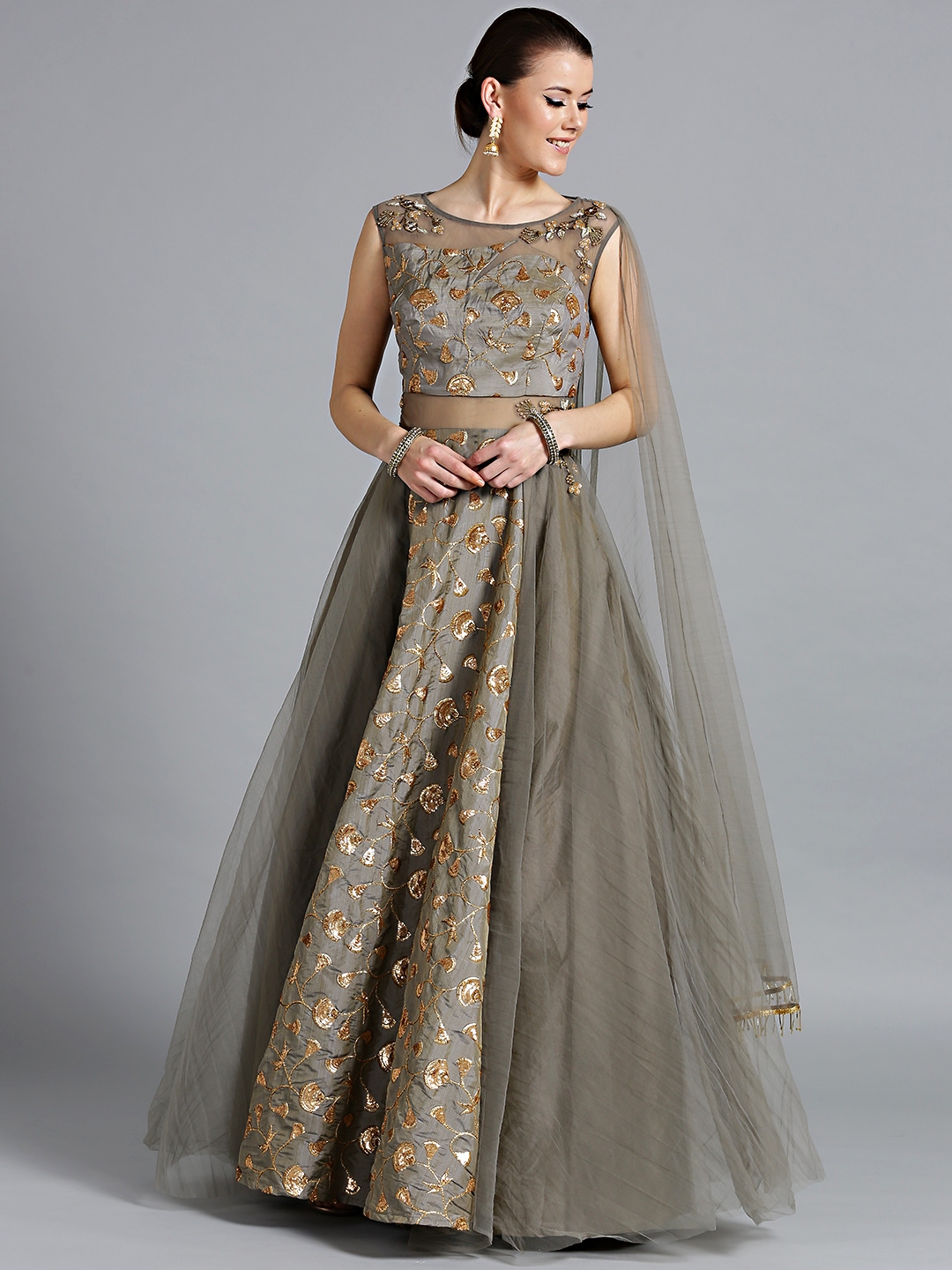 Chhabra 555 Grey Golden Embellished Made to Measure Gown with Attached Dupatta