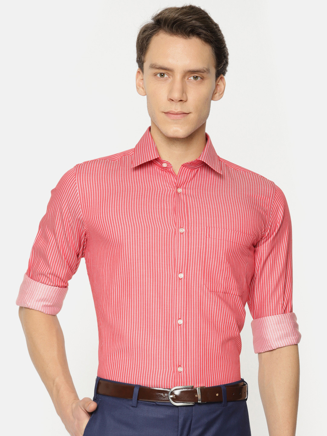 red and white striped formal shirt