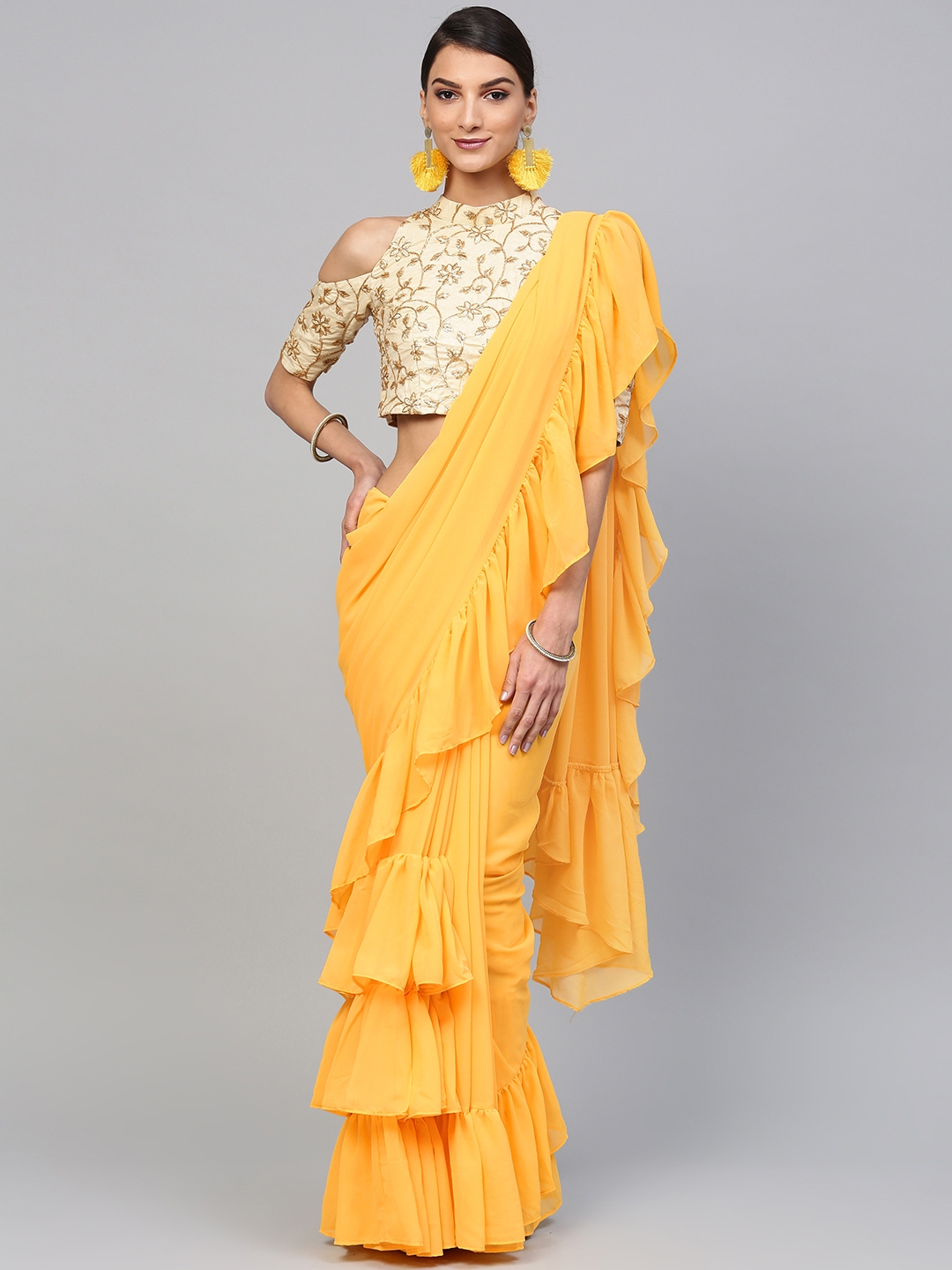 Buy Inddus Women Yellow Solid Ruffled Saree - Sarees for Women ...