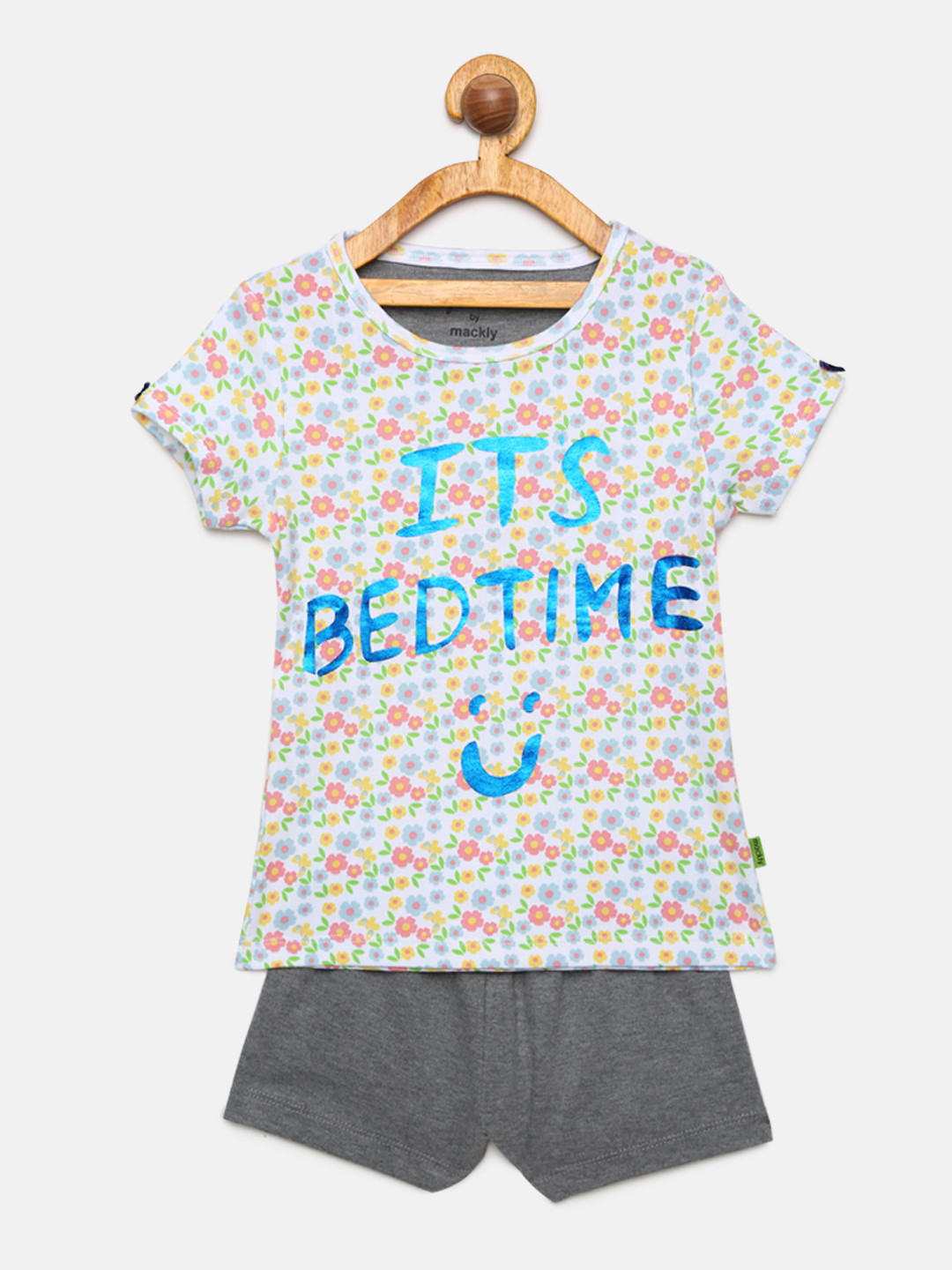 mackly Girls Grey & Multicoloured Printed Night suit S5-14-7-8 yrs