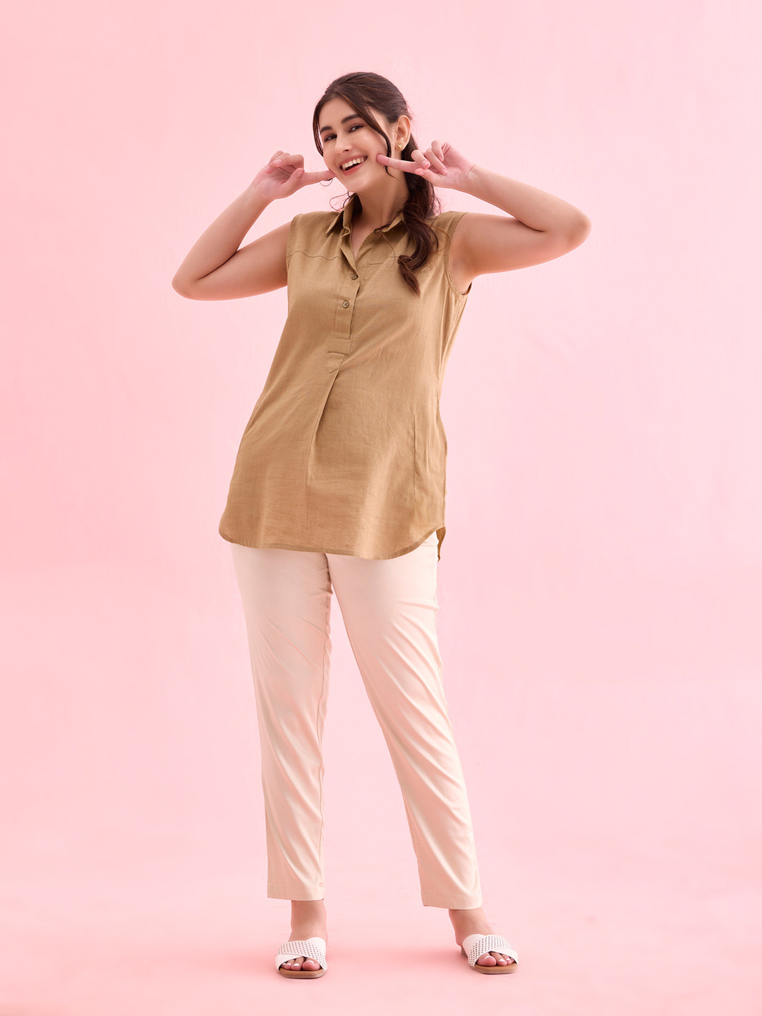 Go Colors Women Beige Regular Fit Solid Trousers