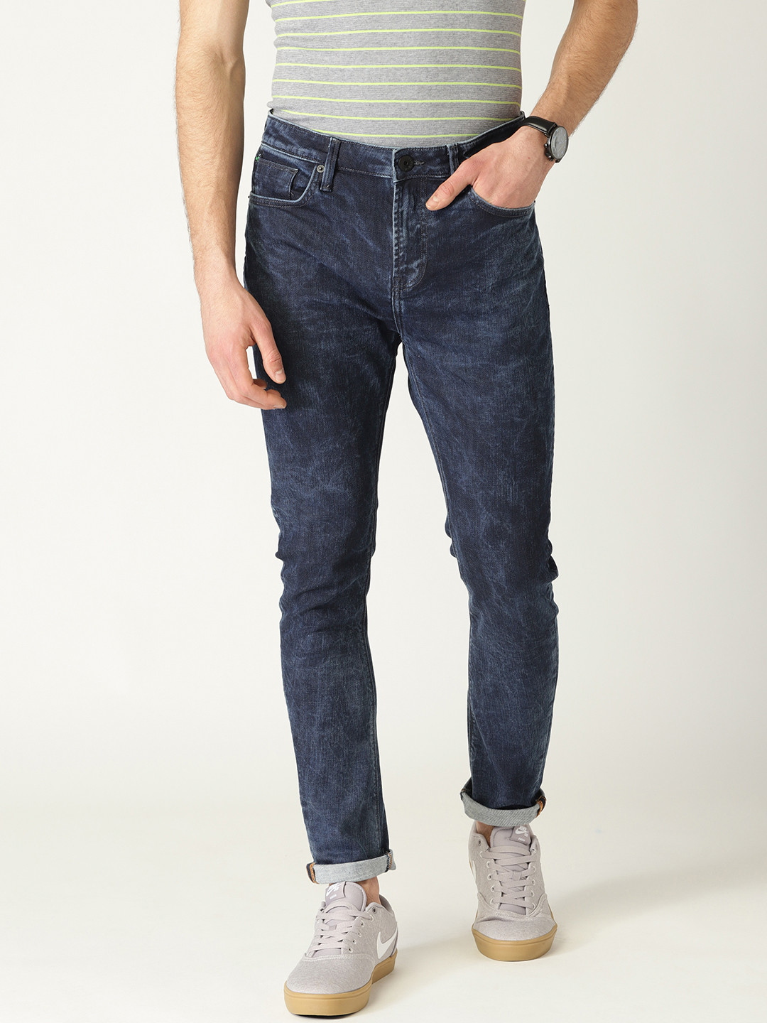 Benetton Men Navy Blue Carrot Fit 