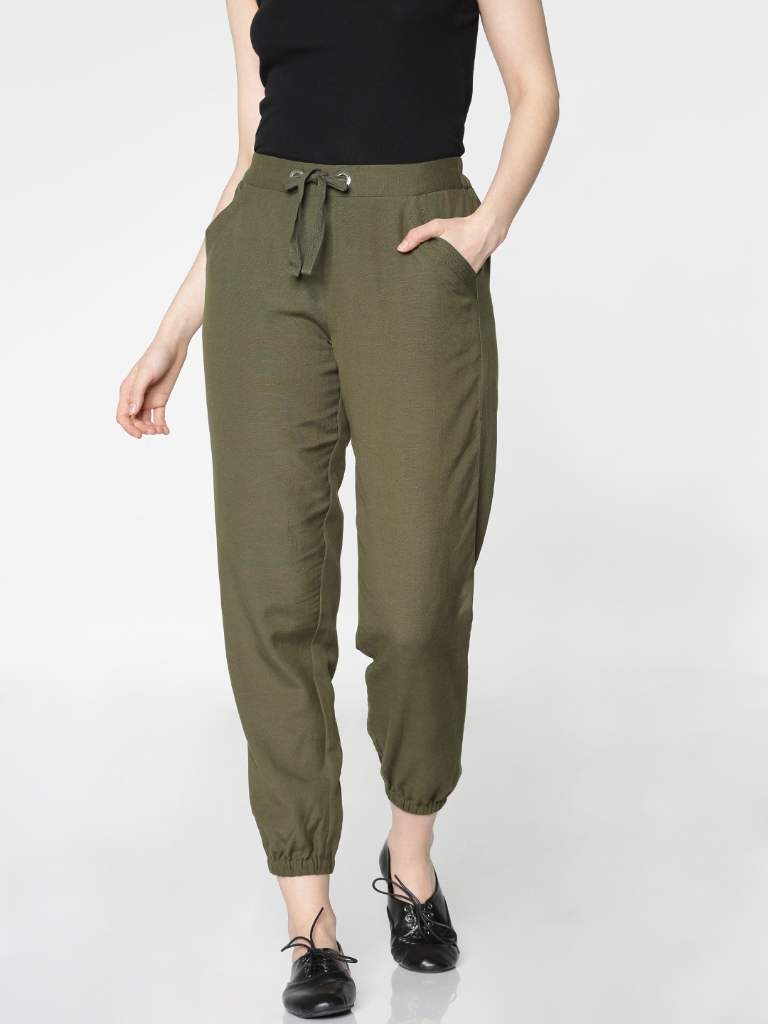 Buy Womens Army Olive Green Stretch Formal Pants Online In India
