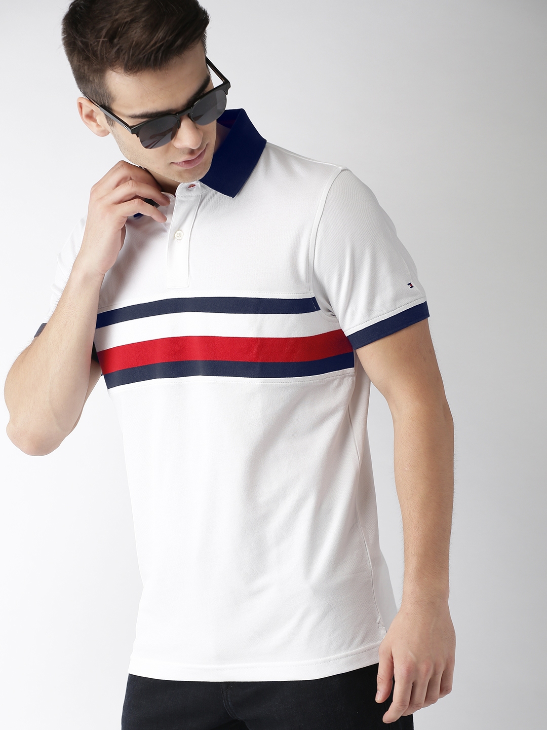 Tommy Hilfiger Men Navy Blue White Colourblocked Polo Collar Slim Fit ...