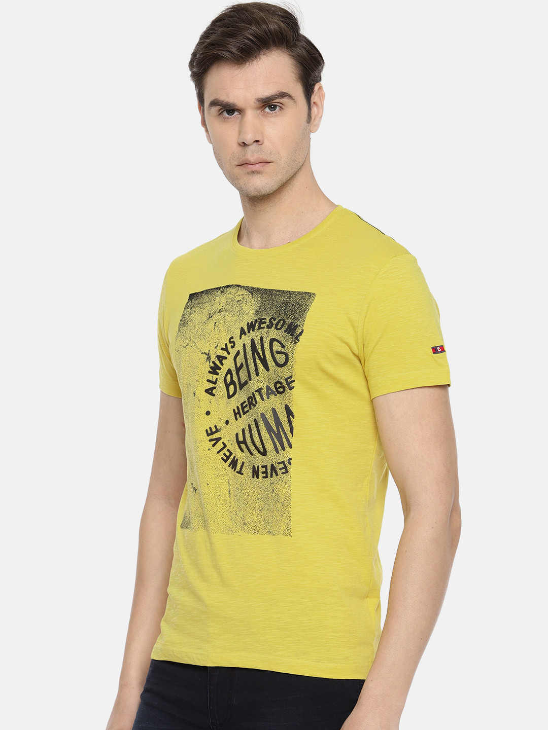 Yellow Printed Round Neck Pure Cotton 
