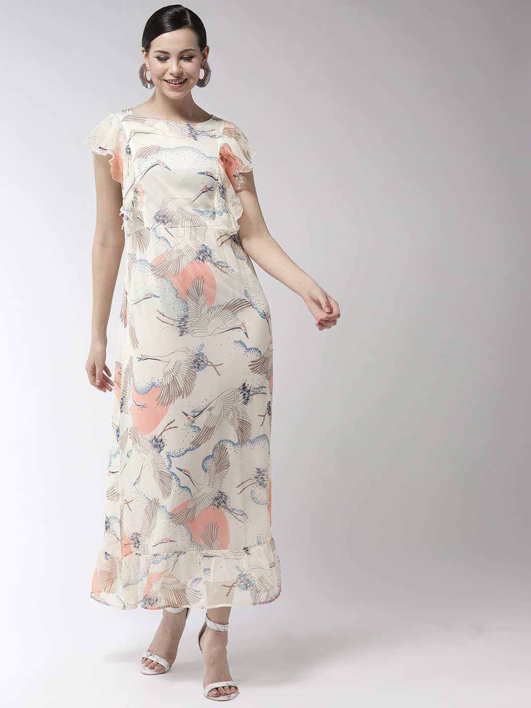 StyleStone Women Off-White & Peach-Coloured Graphic Maxi Dress
