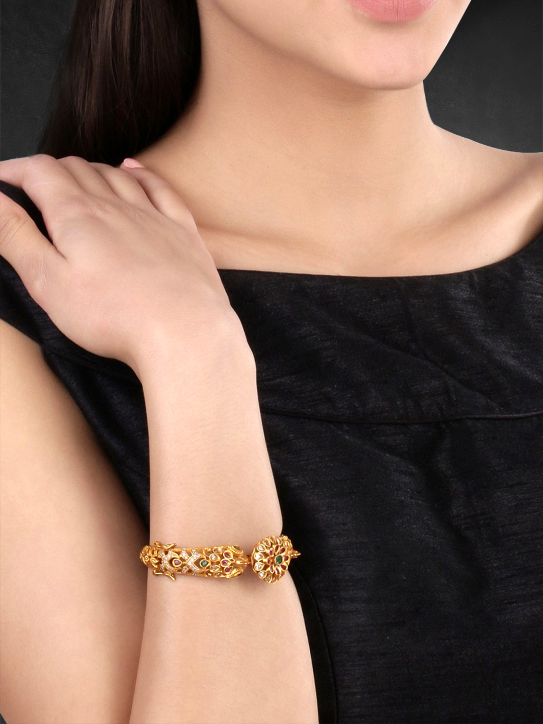 Peora Women Gold Temple Jewellery American Diamond Floral Peacock Kada Bracelet Bangle